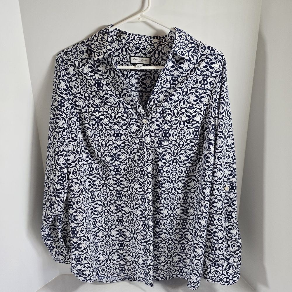 Charter Club Blue and White Patterned Blouse